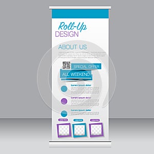 Roll up banner stand template. Abstract background for design, business, education, advertisement. Blue and purple color. Vector