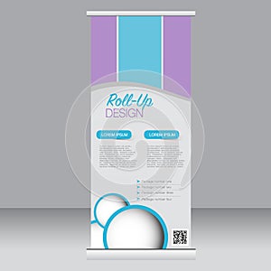 Roll up banner stand template. Abstract background for design, business, education, advertisement. Blue and purple color. Vector