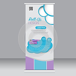 Roll up banner stand template. Abstract background for design, business, education, advertisement. Blue and purple color. Vector