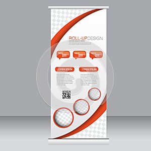 Roll up banner stand template. Abstract background for design, business, education, advertisement. Orange color. Vector illustra