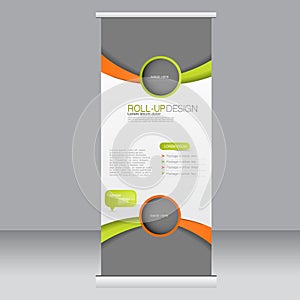 Roll up banner stand template. Abstract background for design, business, education, advertisement. Orange and green color. Vector