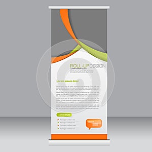 Roll up banner stand template. Abstract background for design, business, education, advertisement. Orange and green color. Vector