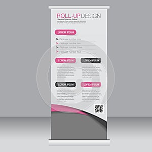 Roll up banner stand template. Abstract background for design, business, education, advertisement. Pink and black color. Vector