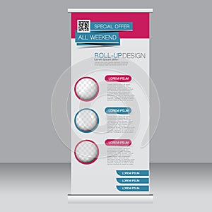 Roll up banner stand template. Abstract background for design, business, education, advertisement. Pink and blue color. Vector