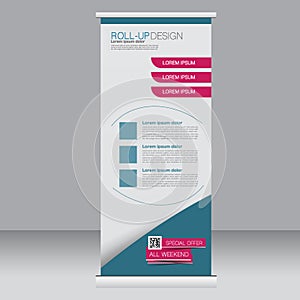 Roll up banner stand template. Abstract background for design, business, education, advertisement. Pink and blue color. Vector