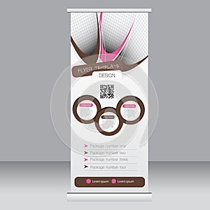 Roll up banner stand template. Abstract background for design, business, education, advertisement. Pink and brown color. Vector