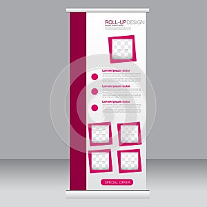 Roll up banner stand template. Abstract background for design, business, education, advertisement. Pink color. Vector illustrati