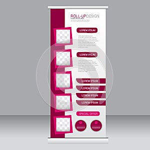 Roll up banner stand template. Abstract background for design, business, education, advertisement. Pink color. Vector illustrati