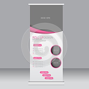 Roll up banner stand template. Abstract background for design, business, education, advertisement. Pink color. Vector illustrati