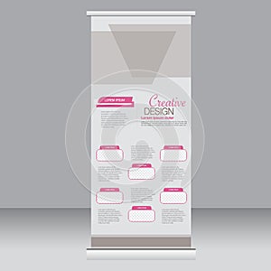 Roll up banner stand template. Abstract background for design, business, education, advertisement. Pink color. Vector illustrati