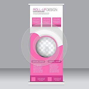 Roll up banner stand template. Abstract background for design, business, education, advertisement. Pink color. Vector illustrati