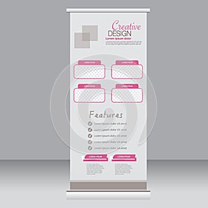 Roll up banner stand template. Abstract background for design, business, education, advertisement. Pink color. Vector illustrati