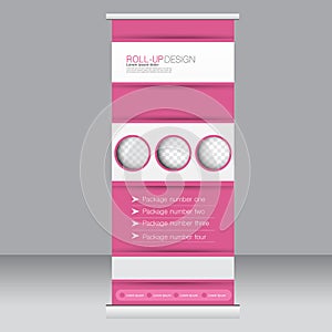 Roll up banner stand template. Abstract background for design, business, education, advertisement. Pink color. Vector illustrati