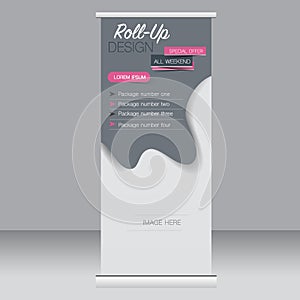 Roll up banner stand template. Abstract background for design, business, education, advertisement. Pink and grey color. Vector i