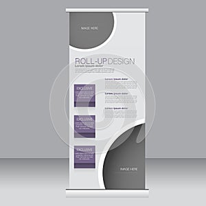 Roll up banner stand template. Abstract background for design, business, education, advertisement. Purple color. Vector illustra