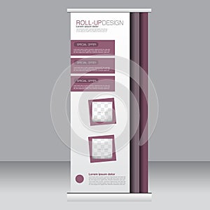 Roll up banner stand template. Abstract background for design, business, education, advertisement. Purple color. Vector illustra