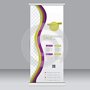 Roll up banner stand template. Abstract background for design, business, education, advertisement. Yellow and purple color. Vecto