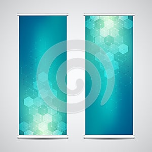 Roll up banner stands with abstract geometric background of hexagons pattern. Hi-tech digital background. Vector photo