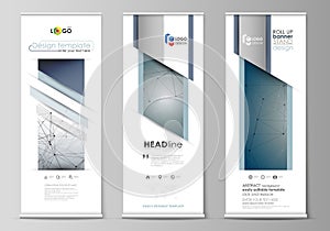 Roll up banner stands, abstract geometric design, business concept, corporate vertical vector flyers, flag layouts. DNA