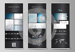 Roll up banner stands, abstract geometric design, business concept, corporate vertical vector flyers, flag layouts. DNA