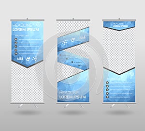 Roll Up Banner template and info graphics stand design, advertisement, display, business flyer, polygon background. vector