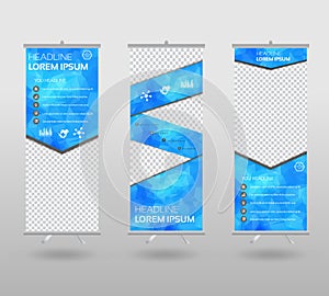 Roll Up Banner template and info graphics stand design, advertisement, display, business flyer, polygon background. vector