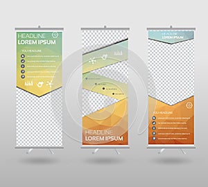 Roll Up Banner template and info graphics stand design, advertisement, display, business flyer, polygon background. vector