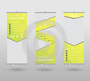 Roll Up Banner template and info graphics stand design, advertisement, display, business flyer, polygon background. vector