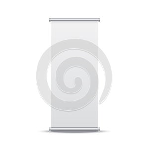 Roll up banner. Vertical stand mockup on white backdrop. Template for presentation or exhibition. Blank ad space
