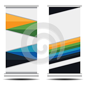 Roll up business banner design on white background. Colorful roll up banner stand.