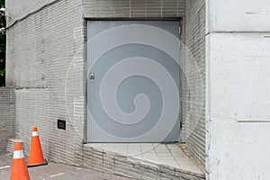 Roll up garage door on brick wall