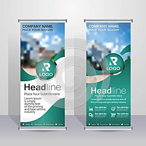 Roll up Greenish blue flag banner business brochure flyer design template vector, abstract geometric background