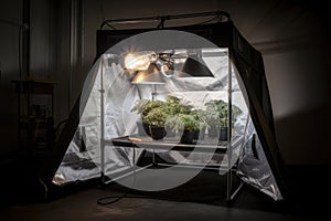 roll-up tent with industrial lighting and ventilation for a homegrow setup