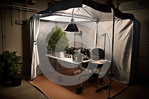 roll-up tent with industrial lighting and ventilation for a homegrow setup