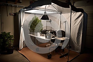 roll-up tent with industrial lighting and ventilation for a homegrow setup photo