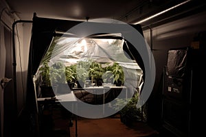 roll-up tent with industrial lighting and ventilation for a homegrow setup photo