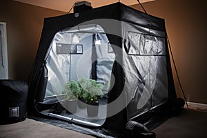 roll-up tent with industrial lighting and ventilation for a homegrow setup photo