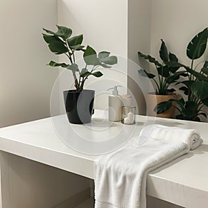 Roll up of white towels on white table with copy space on blurred living room background. For product display montage.