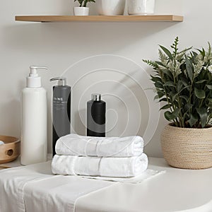 Roll up of white towels on white table with copy space on blurred living room background. For product display montage.