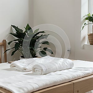 Roll up of white towels on white table with copy space on blurred living room background. For product display montage.