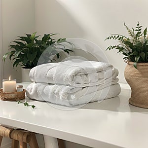 Roll up of white towels on white table with copy space on blurred living room background. For product display montage.