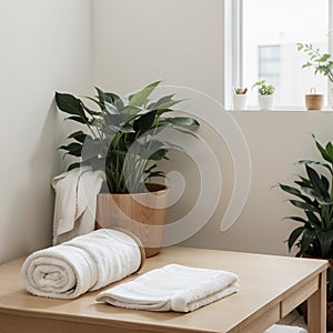 Roll up of white towels on white table with copy space on blurred living room background. For product display montage.