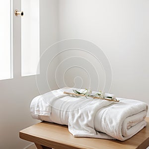 Roll up of white towels on white table with copy space on blurred living room background. For product display montage.