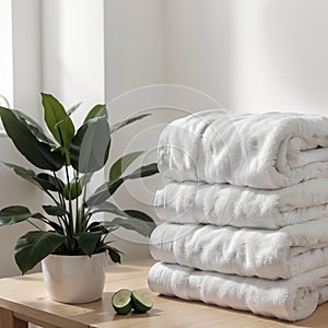 Roll up of white towels on white table with copy space on blurred living room background. For product display montage.