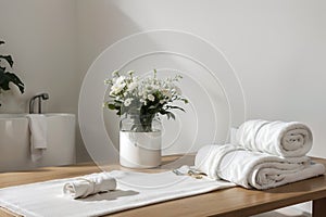 Roll up of white towels on white table with copy space on blurred living room background. For product display montage.