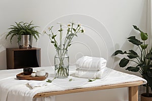 Roll up of white towels on white table with copy space on blurred living room background. For product display montage.