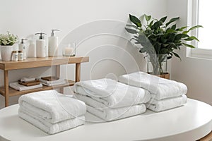Roll up of white towels on white table with copy space on blurred living room background. For product display montage.