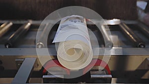 A roll of wallpaper on a conveyor line. Roll of wallpaper. Conveyor line at wallpaper factory