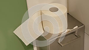 Roll of white toilet paper in the cubicle of a public toilet