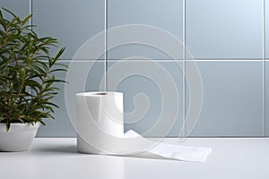 Roll of white toilet paper on white surface and background of gray-blue tiles. ai generated